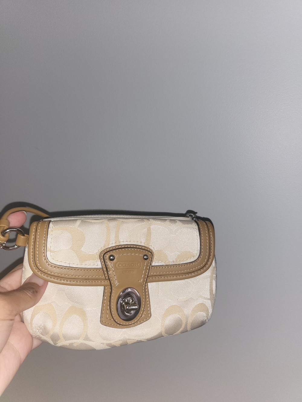 Coach Signature Canvas Wristlet in Cream and Tan
